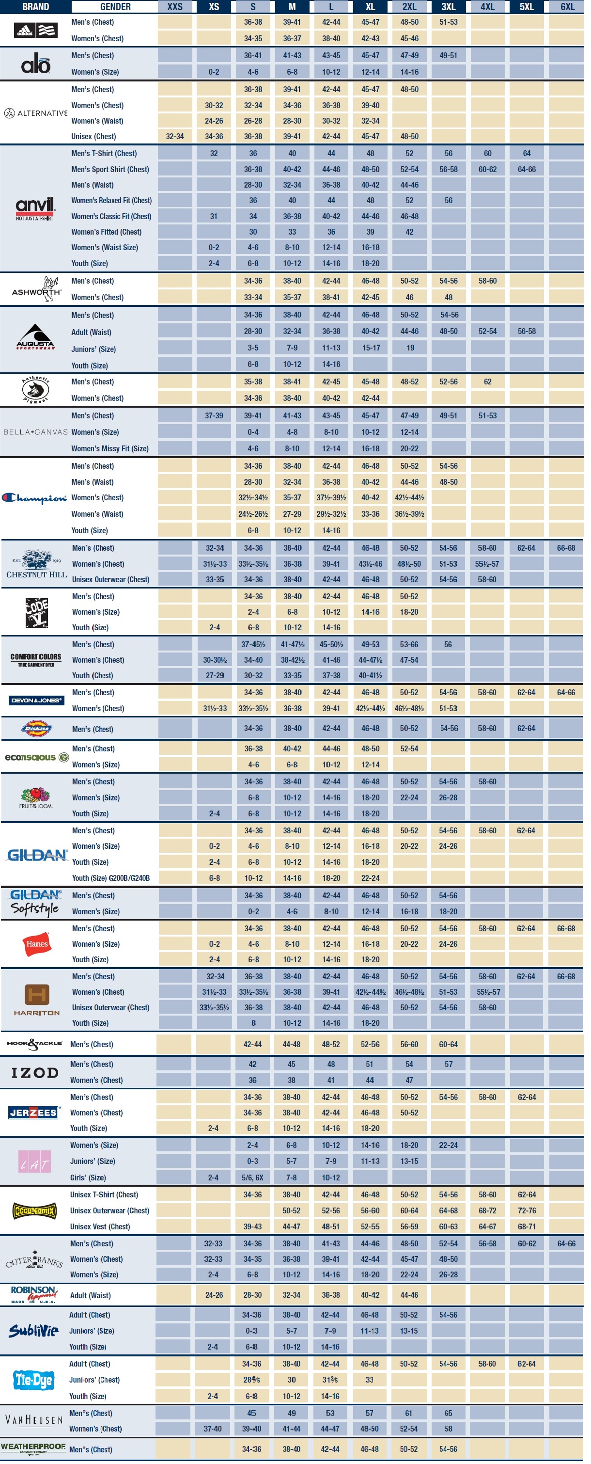 Independent Trading Company Size Chart