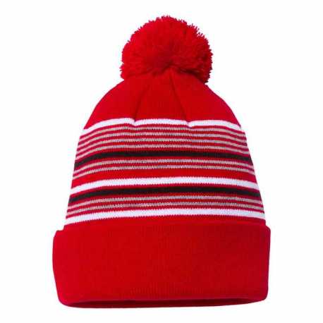Sportsman SP60 12" Striped Pom-Pom Cuffed Beanie