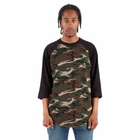 Shaka Wear SHRAGCM Adult Three-Quarter Sleeve Camo Raglan T-Shirt
